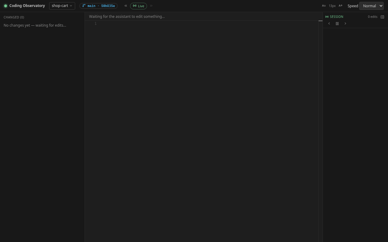Demo: an agent edits a small project; each edit is typed into the editor live, the session timeline on the right grows, and the agent status chip goes from working to done