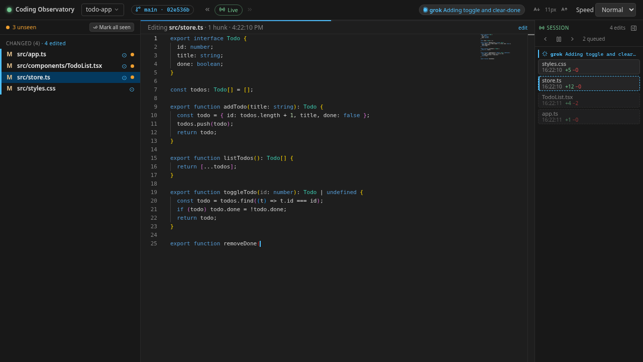 Live view: an edit being typed into the editor, the changed-files sidebar with unseen dots, the agent status chip in the header, and the session timeline docked on the right